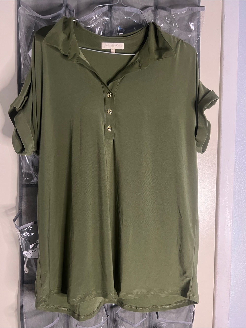 Olive Green Polo Sleeve Women's Top
